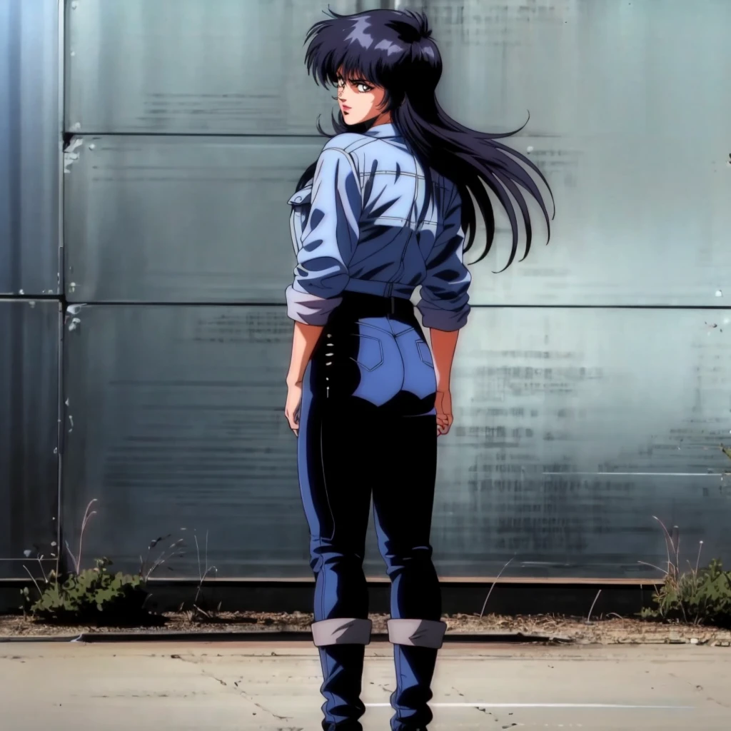 <lora:MikawaYou012:0.8>,<lora:add_detail:0.5>,<lora:noline:0.3>,<lora:boldline:-0.3>,looking at viewer,
MikawaYou,1woman,black hair,longhair,brown eyes,
blue denim jacket,
black pants,
boots,
full body,standing,looking back,
retro artstyle,
1980s (style),