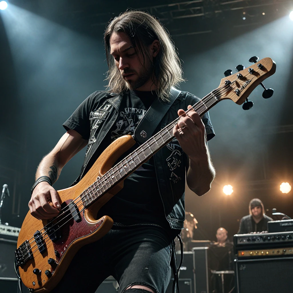 bass player playing extreme metal music, mid headbang while on stage. In the background, a singer and guitarist can be seen moving as well, masterpiece, highest quality, symmetrical, hyperdetailed, cinematic lighting, RAW photo, 32K resolution, HDR, Clear, UHD, ray tracing, post processing