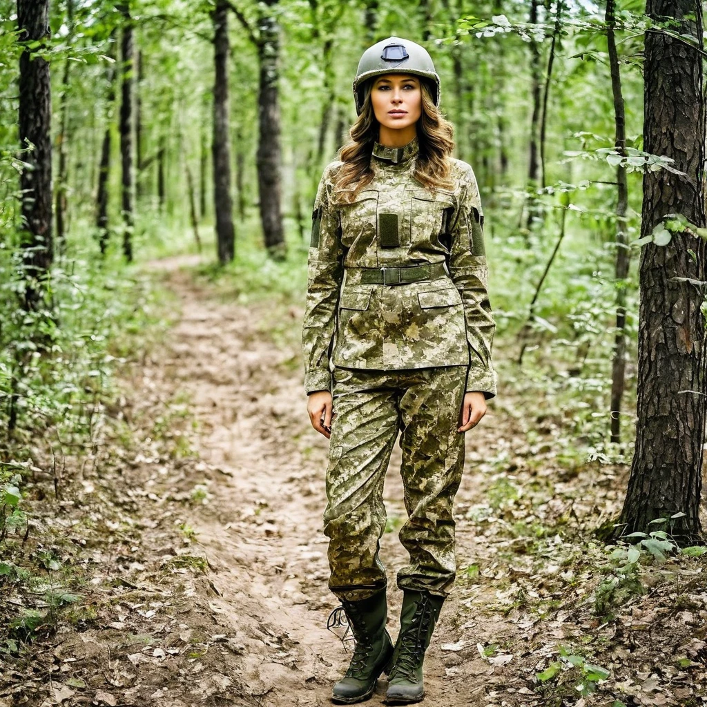 <lora:UkrLoraXL-000006:1>, a woman, wearing ukruniform22 in the forest,photo of the year,high quality,masterpiece,cowboy shot,military helmet