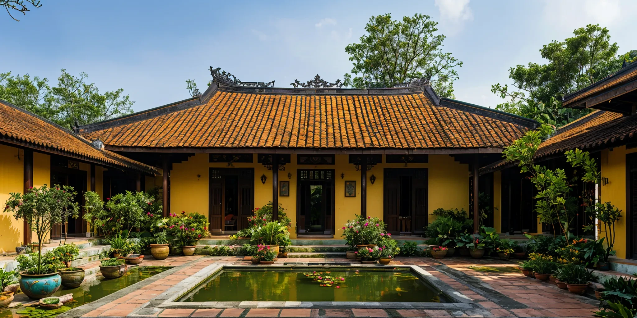 photograph, exterior, vietnamese heritage house, symmetrical facades,  bungalow, terracotta tiled gable roof, yellow ochre walls, centre lotus pond, wooden doorways, open veranda, serene atmosphere, colonial influences, lush potted plants, terracotta floor, tropical plantings, verdant potted plants on porch, soft shadows, tranquil, overcast sky,<lora:VietnameseHeritageHouse_v5:0.7>