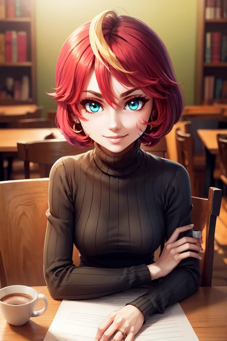 ((masterpiece, best quality)), anime style, <lora:more_details:0.5>, <lora:Mela_Pokemon_v2:0.8>, mela (pokemon),  short hair,  solo, smile, looking at viewer, cowboy shot,,  turtleneck sweater, earrings, library, cup of coffee, sitting at table