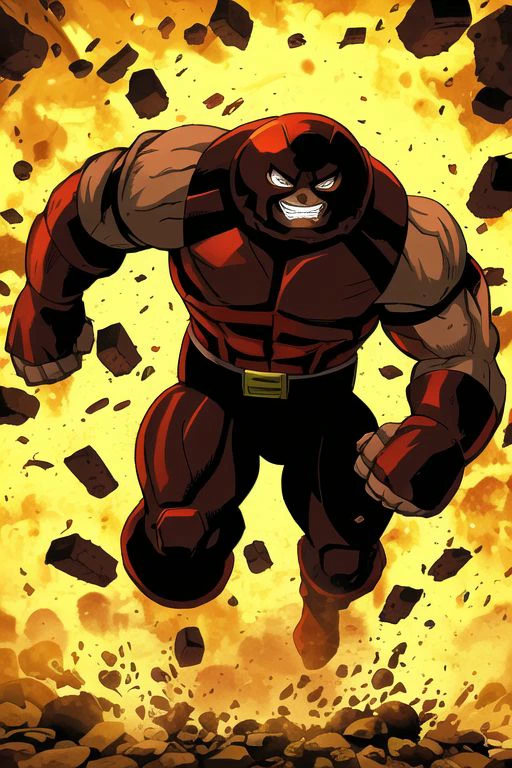 XMenJuggernaut, brown helmet, running towards viewer, smiling, explosion background