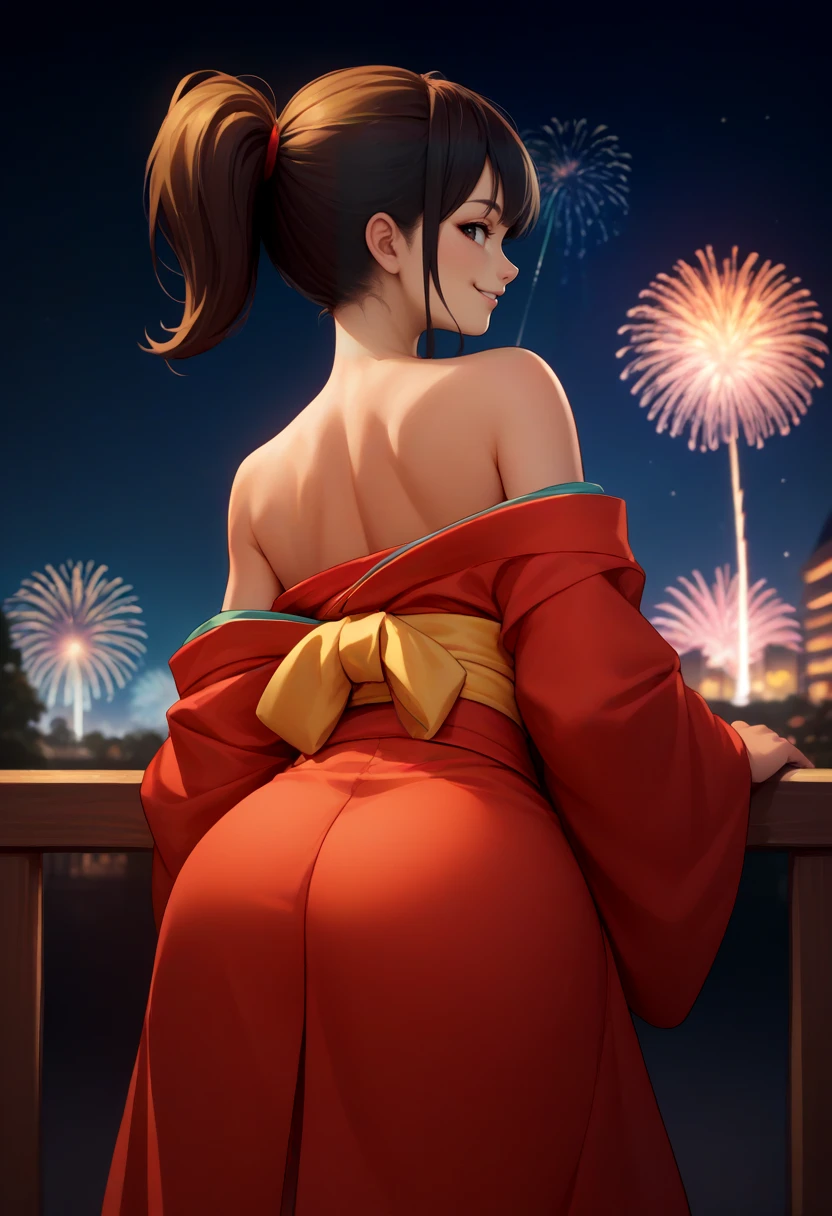 score_9, score_8_up, score_7_up, source_anime, from behind, solo, 1girl, mcdgirlfriend, smile, looking back, ponytail, red kimono, off shoulder, yellow sash, bare shoulders, fireworks <lora:yorumac_girlfriend_ponyXL:1>