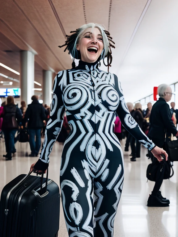 low angle,  j3nn1f3rti4a, bodysuit, slim waist, white hair, dreads,  (big breasts), (three quarter profile:0.5), laughing, looking at viewer, medium closeup    <lora:Tribal_Body_Suit_SD15_Panache:1> flat stomach,   dragging rollaway suitcase in crowded airport terminal, people talking,  blurry background