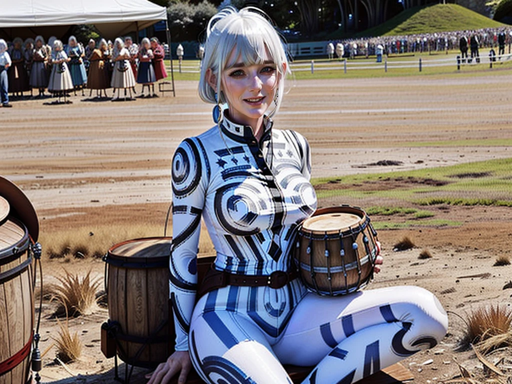 cowboy shot, happy woman, white hair, blunt bangs, bodysuit, playing bongo drums in her lap in a drum circle on a meadow in Golden Gate Park, crowd of sitting people all playing tribal drums,  blurry background <lora:Tribal_Body_Suit_SD15_Panache:1>   tr1b4l_b0dy