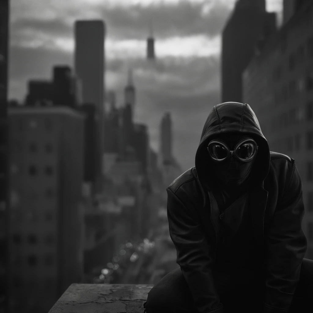 cinematic film still of  <lora:Spider-Man Noir:1>
Spider-Man Noir a man in a hoodie is looking out over a city in Marvel Noir universe,solo,gloves,1boy,monochrome,greyscale,male focus,sky,cloud,bodysuit,mask,squatting,building,city,cityscape,superhero,skyscraper , dark theme, cinematic noir, dramatic Light, big black goggles, shallow depth of field, vignette, highly detailed, high budget, bokeh, cinemascope, moody, epic, gorgeous, film grain, grainy