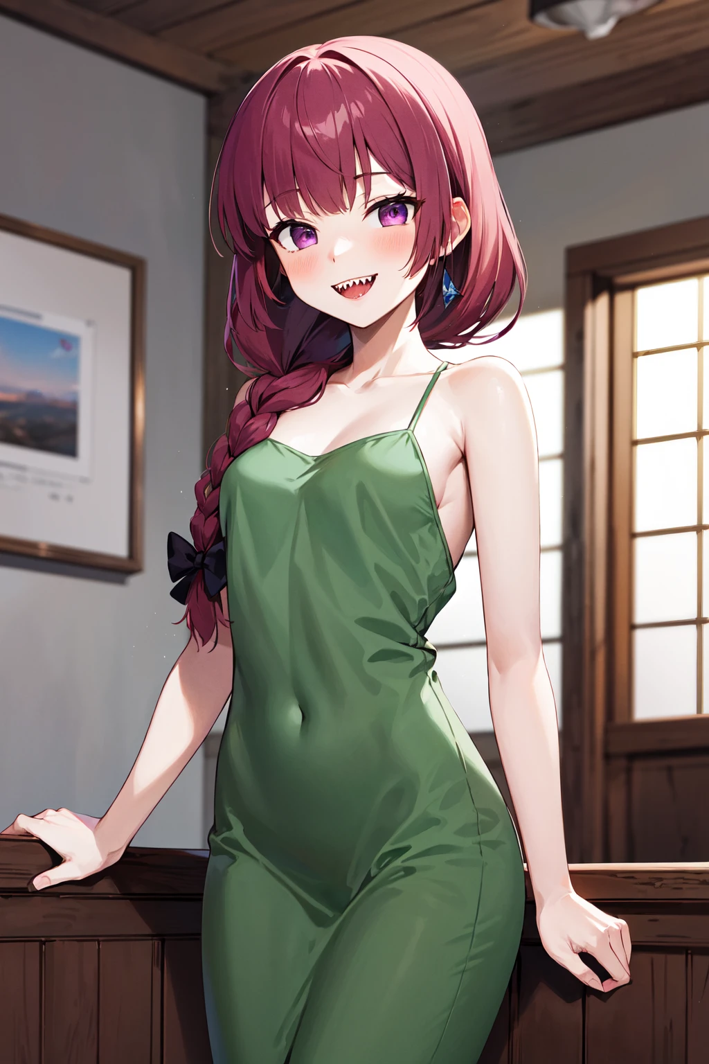 masterpiece, best quality, highres, aakikuri, long hair, single braid, hair bow, hair over shoulder, purple eyes, sharp teeth, medium breasts, green dress, sleeveless, <lora:hiroi_kikuri_v1:0.7>, standing, cowboy shot, smile, indoors