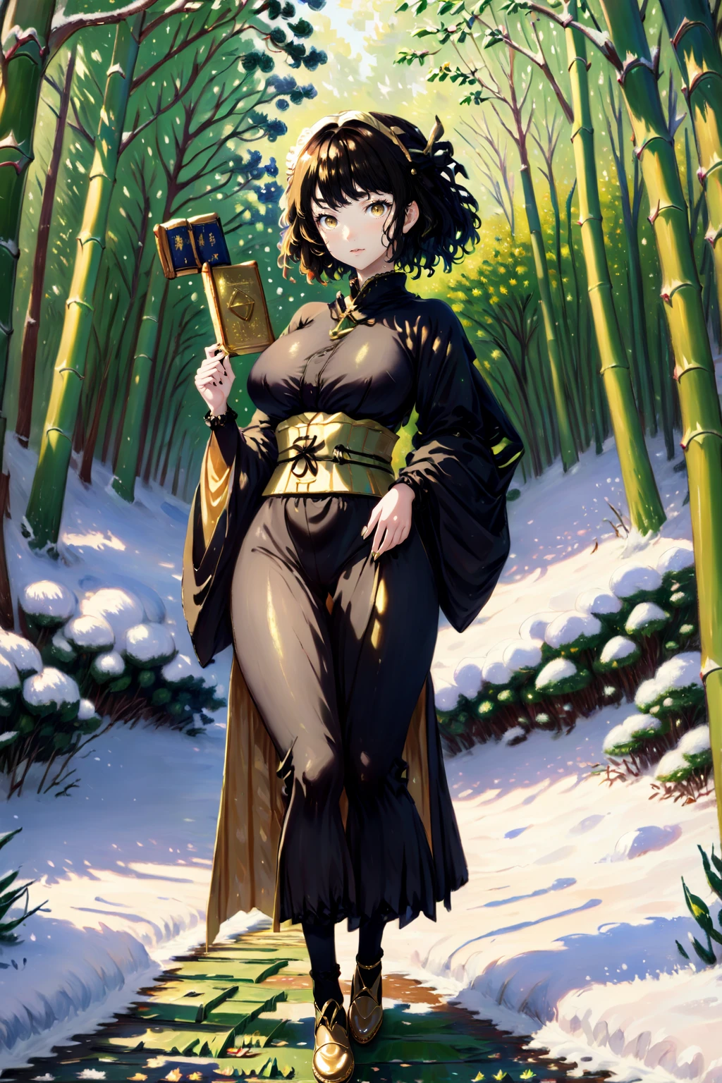 (HDR, raytracing, 8k:1.4)
BREAK art by Monet, short messy hair, Kawakami Sadayo walking in a bamboo forest in winter, snow, dark mage clothes lined with gold, pelvic curtain, body stocking, gold shoes, holding a tome, realistic <lora:Double_double:1>