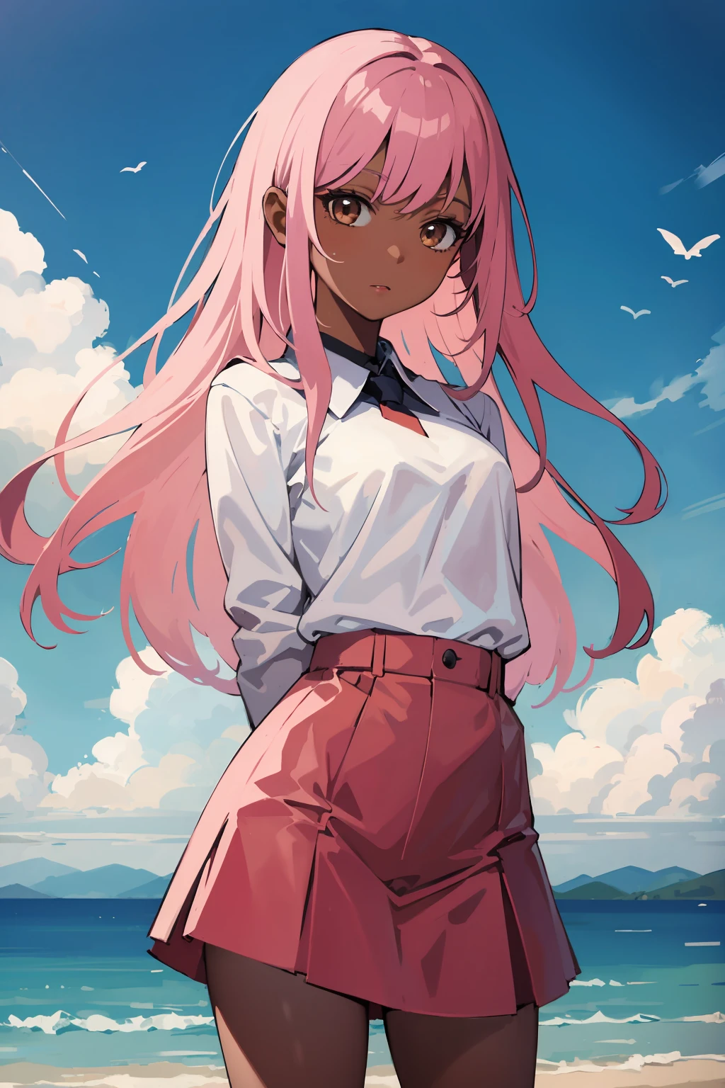 masterpiece,high quality,highres,1girl,solo,outdoors,<lora:wind-headwind-v1-wasabiya:1>,headwind,looking at viewer,long hair,dark skin,dark-skinned female,(brown eyes , pink hair ),arms behind back,floating hair,