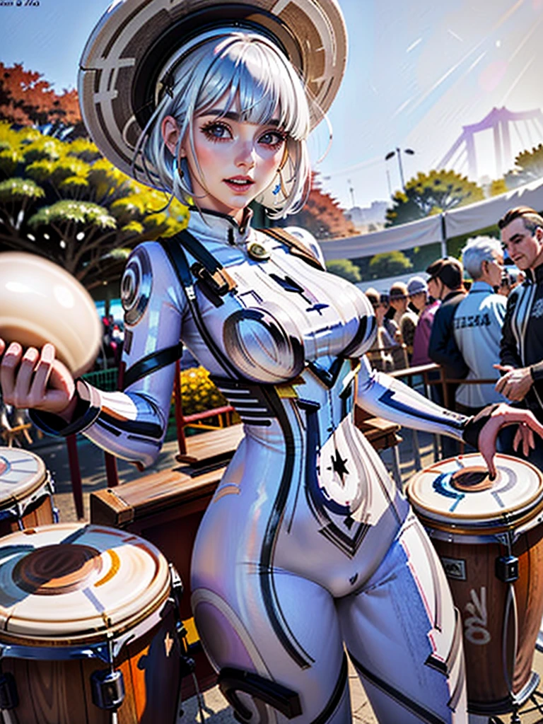 cowboy shot, happy woman, white hair, blunt bangs, bodysuit, playing bongos at Golden Gate Park drum circle, people playing congas,  blurry background <lora:Tribal_Body_Suit_SD15_Panache:1>   tr1b4l_b0dy