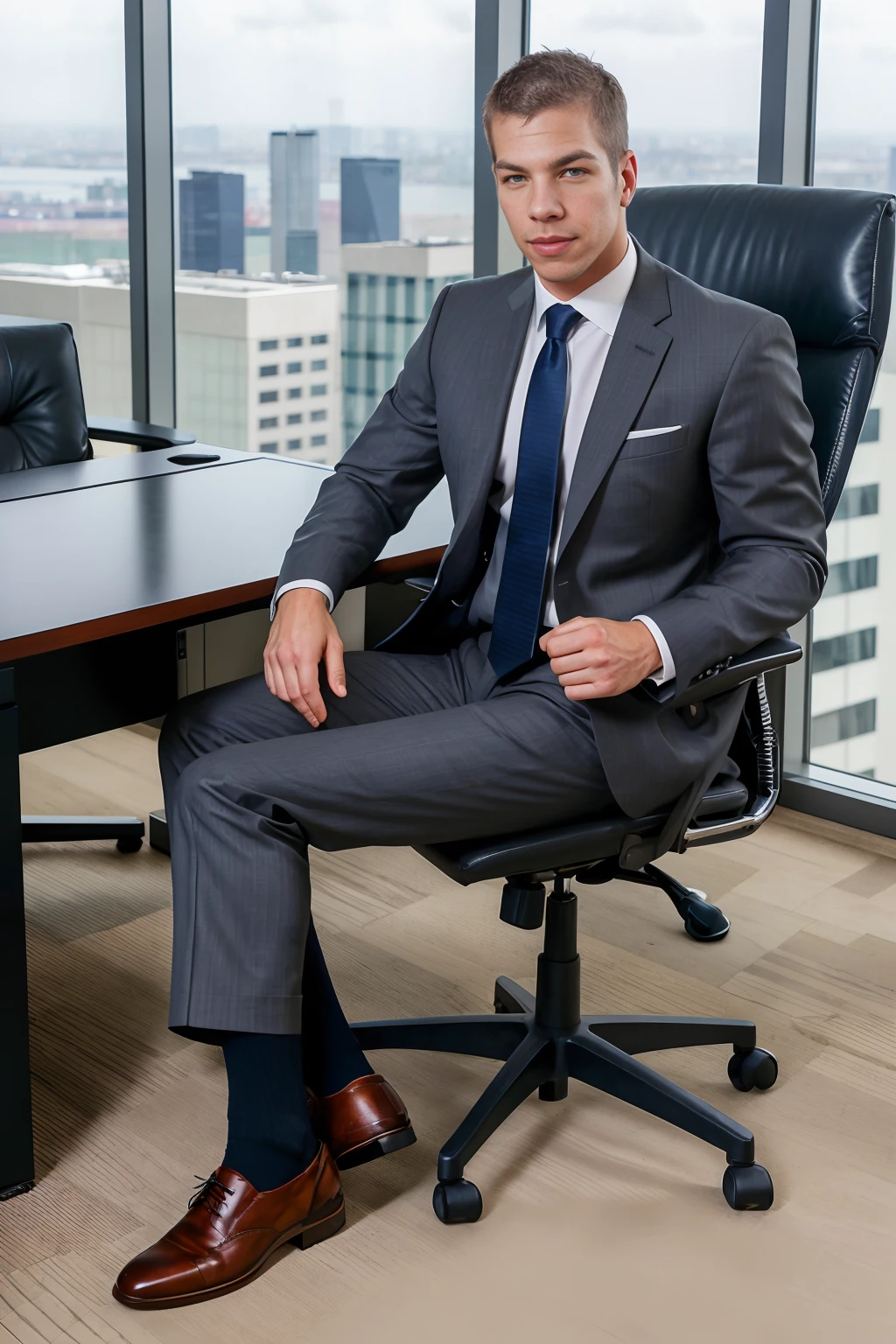 corner office in a skyscraper, large windows, sitting on an executive office chair, smirking, PaulWalker is a business man, wearing charcoal gray business suit, white dress shirt, dark blue tie, charcoal gray jacket, charcoal gray trousers, socks, dress shoes, (((full body portrait))), wide angle <lora:PaulWalker:0.8>