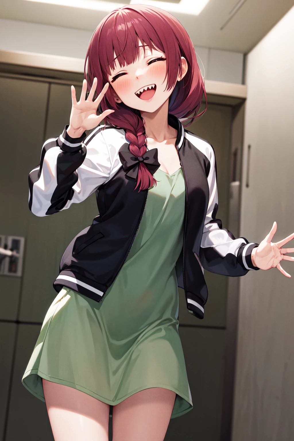 masterpiece, best quality, highres, aakikuri, long hair, single braid, hair bow, hair over shoulder, closed eyes, sharp teeth, medium breasts, green dress, letterman jacket, two-tone jacket, open jacket, long sleeves, <lora:hiroi_kikuri_v1:0.7>, waving, indoors, grin,