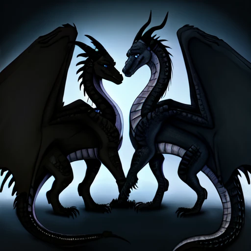(best quality, high quality:1.4), illustration, high quality drawing, <lora:Clearsight-10:1>
(white background)
((detailed fur, <lora:Furtastic_Detailer:1>))
((side view, standing on four legs, full body))
((feral, duo, romantic couple))
BREAK
(dragon, female, black, black chest, black belly, tail, wings)
((looking at viewer, blue eyes, arrogant, smirk, smug look))
BREAK
(dragon, male, black, grey chest, grey belly, tail, wings)
((looking at viewer, green eyes, arrogant, smirk, smug look))
(black horns :1.3), (black wings :1.5), (huge wings :1.5), (scales), (slim)