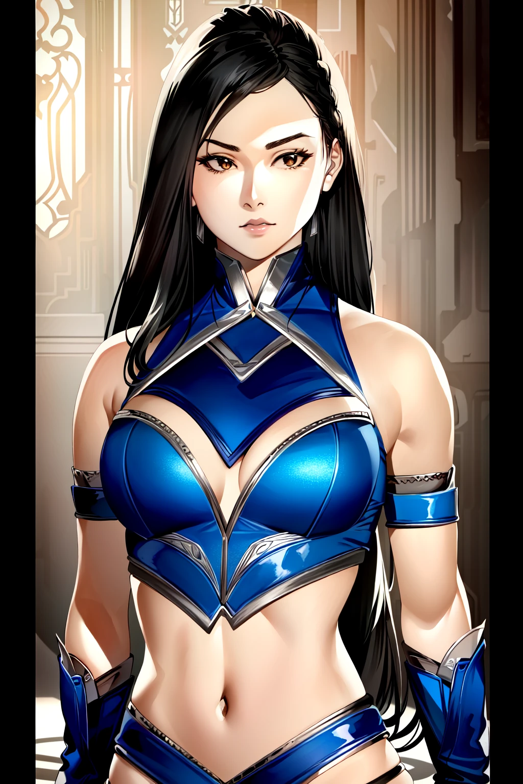 (extremely detailed CG unity 4k wallpaper),(masterpiece),(best quality),(ultra-detailed),(best illustration),(best shadow),(absurdres),(detailed background) <lora:OGT_Kitana-v1:1> Kitana, mk1, 1girl, solo, breasts, long hair, brown hair, crop top, upper body, closed mouth, realistic, armor, arms at sides, indoors, multicolored hair