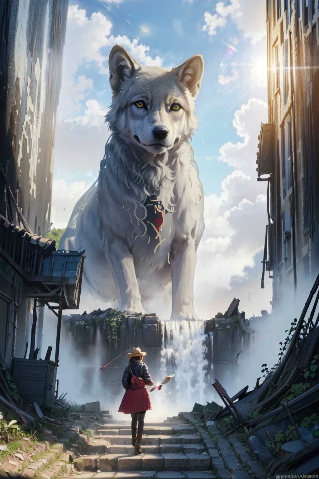 CONCEPT_Oversized_Animal_ownwaifu, gray_wolf, 1girl, outdoors, cloud, standing, sky, from behind, day, oversized animal, ((masterpiece)),((best quality)),(highres), bokeh, depth_of_field, sunlight, scenery, ruins, waterfall, looking at viewer, solo,