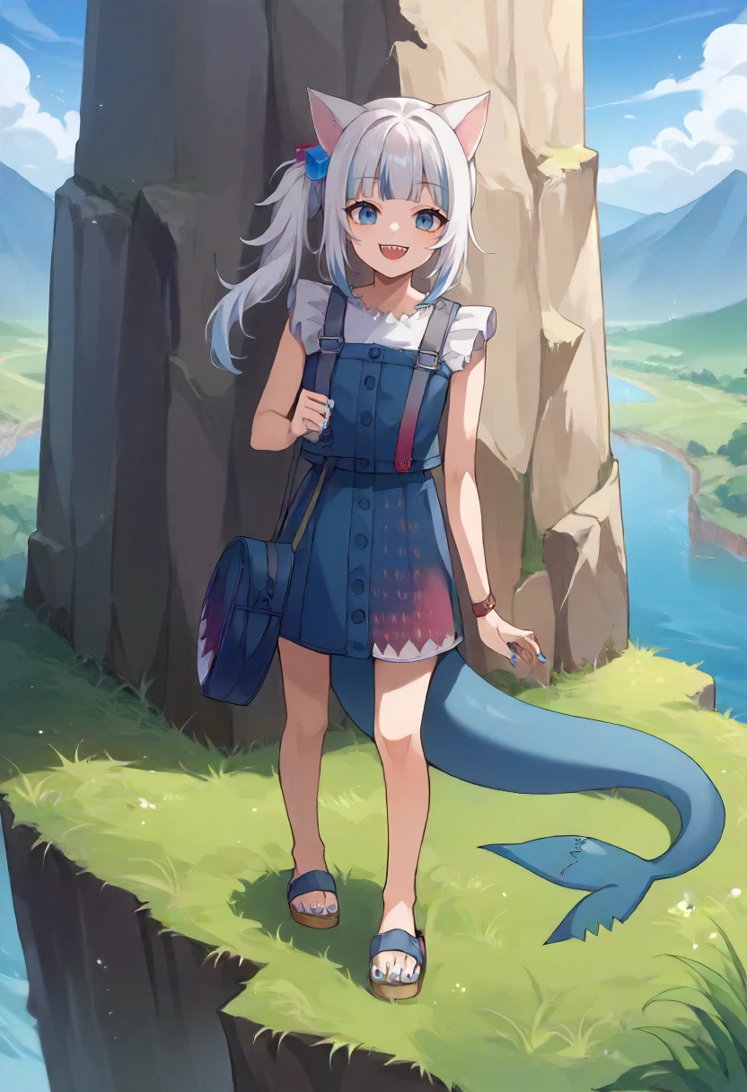 score_9, score_6_up, source_anime, 1girl, solo, cliff, grass, gura_casual, cat ears, blue dress, white shirt, side ponytail, cube hair ornament, shoulder bag, shark tail, blue nails, sandals, sharp teeth, smile, tall, adult<lora:gawr_gura_sdxl_pony:1>