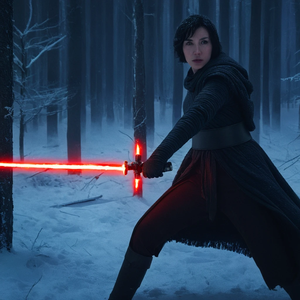 UHD, 4k, ultra detailed, cinematic, a photograph of  <lora:Crossguard quillons_lightsaber:1>
Crossguard quillons_lightsaber a woman with a sword in a snowy forest in star wars universe,1girl,solo,looking at viewer,short hair,black hair,holding,yellow eyes,weapon,pantyhose,sword,torn clothes,glowing,bandages,knife,nature,cloak,forest, sith anime, sith lord, snowing, winter, epic, beautiful lighting, inpsiring