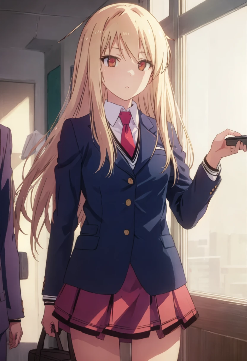 best quality, masterpiece, highres, solo, {shiina_mashiro_sakurasounopetnakanojo:0.90}, blazer, necktie, school_uniform, 1girl, solo_focus, skirt