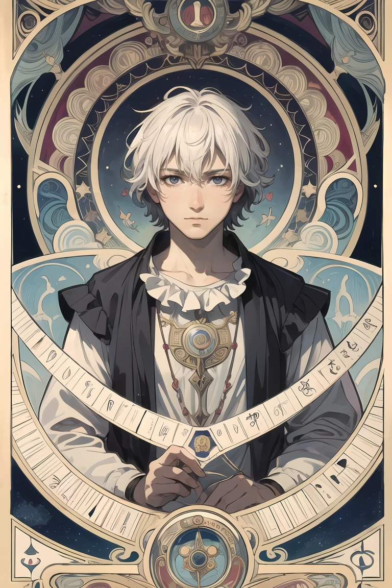 masterpiece,best quality,1 male,adult,short white hair,the fool \(tarot\),bard,clown,Symbolism,Visual art,Occult,Universal,Vision casting,Philosophical,Iconography,Numerology,Popularity,Artistic,Alfons Mucha,<lora:more_details:0.3>,<lora:GoodHands-beta2:0.8>,