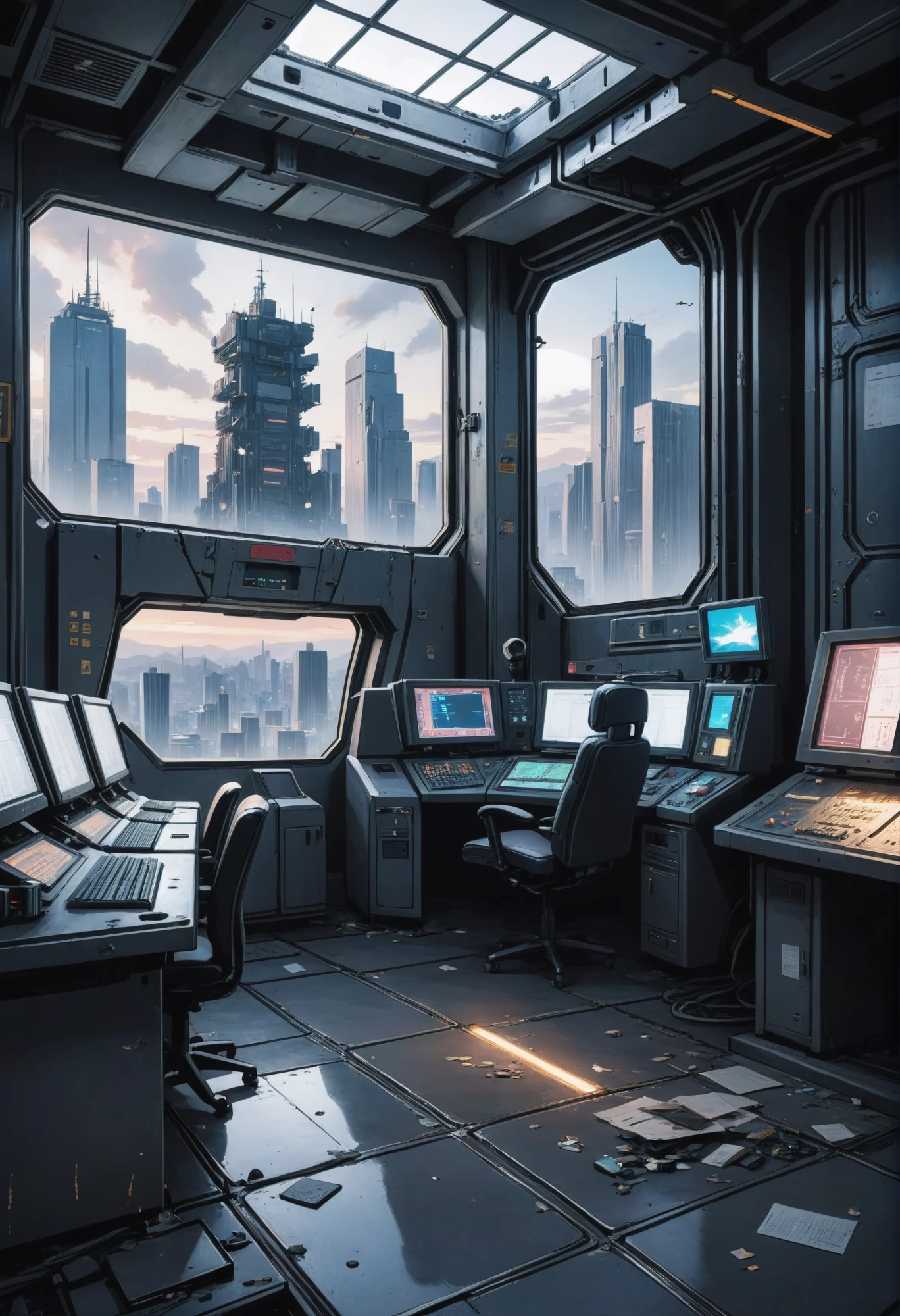 anime style,fine digital painting, Self-Destruct Control Room \(room\) in a a dilapidated scifi vertical metropolis at the beginning of reality, masterpiece