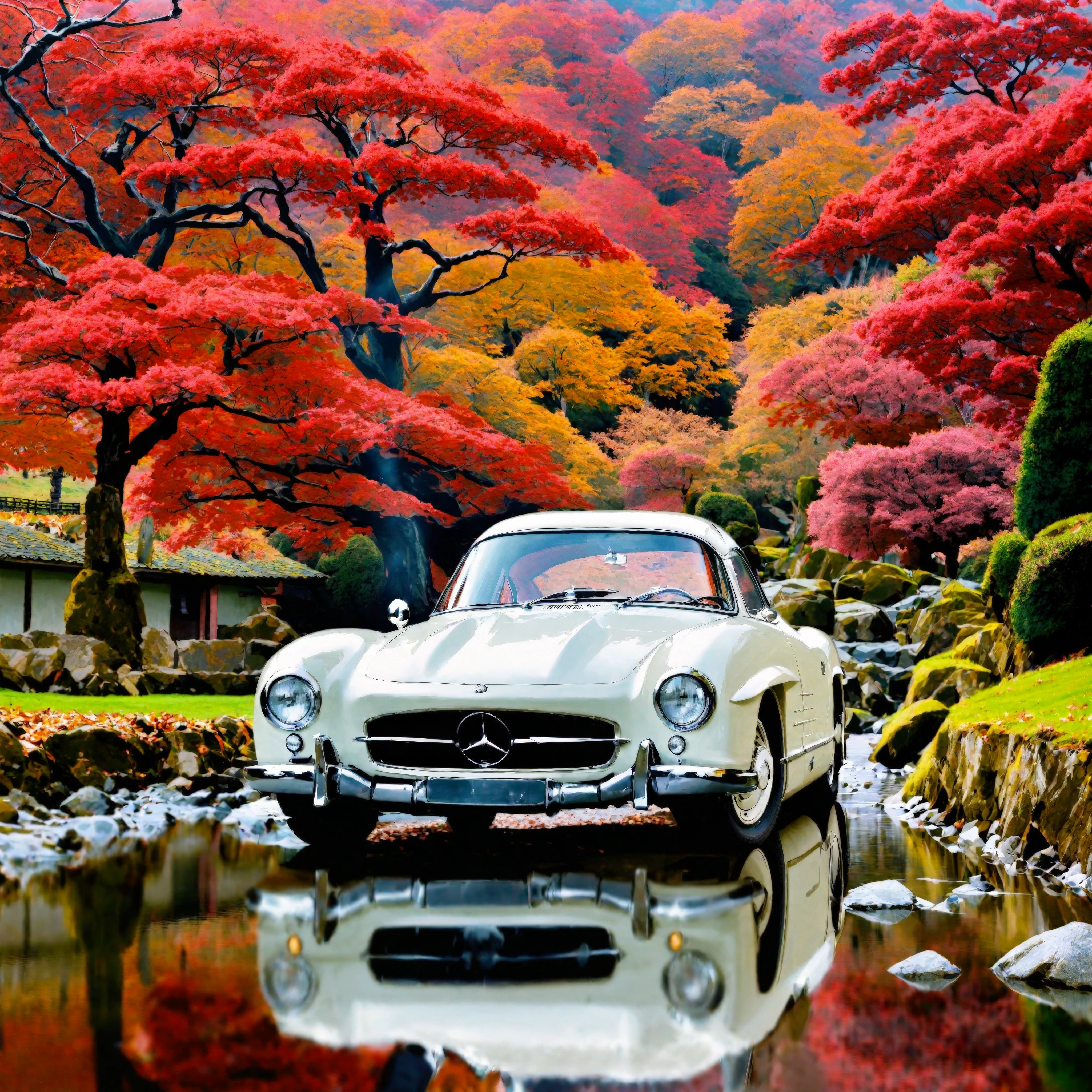 Mercedes-Benz 300SL, (anime style:1.8), In a Japanese garden with stones and streams, high quality, high detail, 8k, ultrarealism, dramatic ambient light, full color, beautiful detailed, intricate, dynamic, epic composition, magical atmosphere, cinematic, highly coherent, artistic, sharp focus, calm, amazing deep colors, inspired