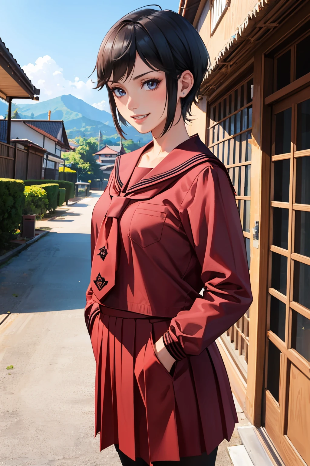 masterpiece, best quality, 1girl, solo, japanese village, cowboy shot
<lora:zs_RaidouXL:1> raidouxldsrk, very short hair, pixie cut, red serafuku, skirt, pantyhose, grin, confident, hands in pockets