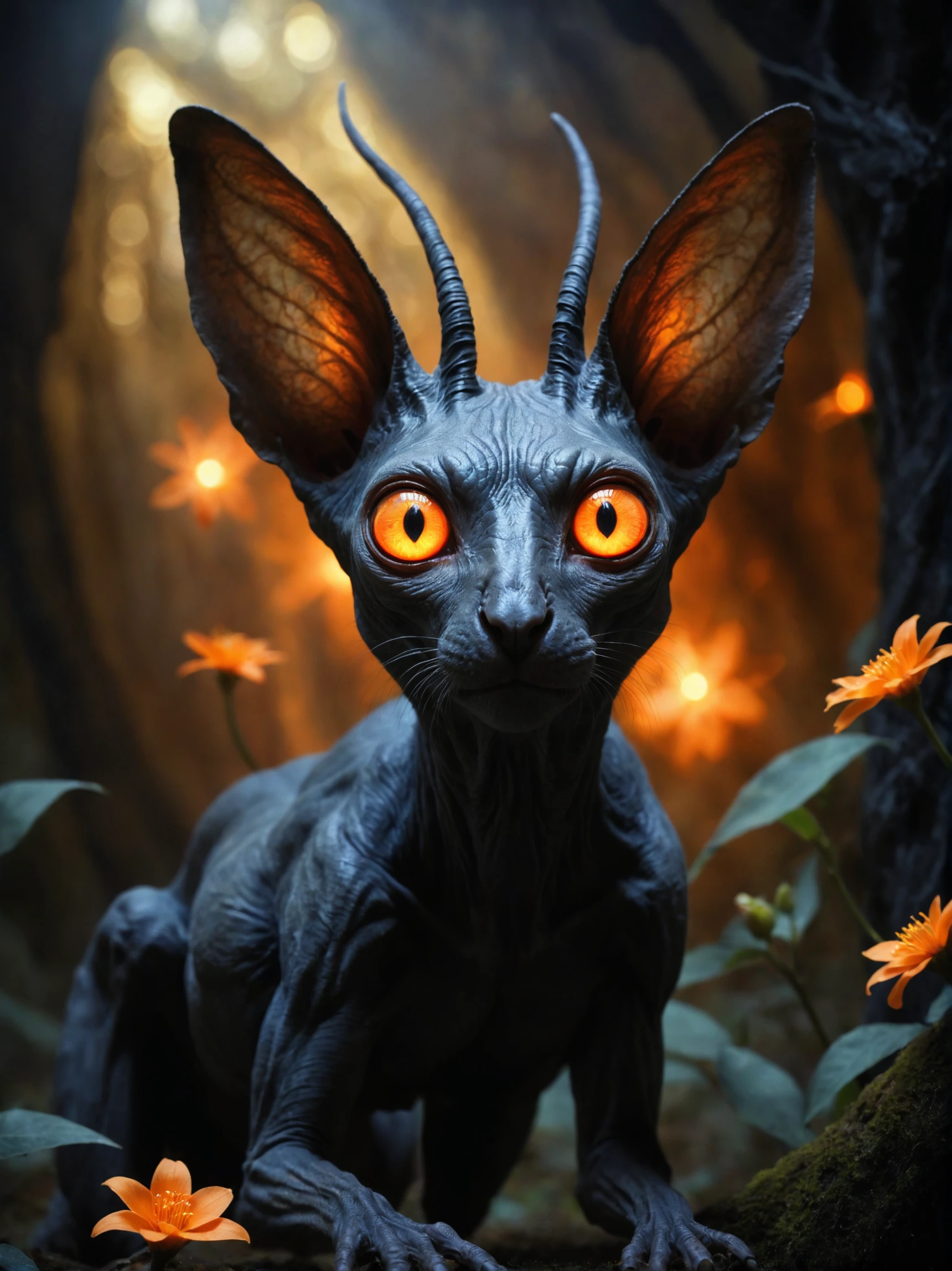 The concept in the image portrays a mystical creature with large, luminescent, orange eyes and elongated ears that seem to be glowing. The creature is surrounded by an ethereal atmosphere with floating elements, and there are small orange flowers interspersed around it. The backdrop is a dark, swirling, and magical environment, emphasizing the otherworldly and enchanting nature of the creature.
The image is compositionally balanced with the creature centered and slightly tilted to the viewer's left. The glowing eyes are a strong focal point, drawing attention immediately. The surrounding dark environment creates a contrast, making the creature and its glowing elements stand out more prominently. The small orange flowers scattered around the creature add an additional layer of depth and interest to the image.
The image has a fantasy-inspired artistic style, characterized by its surreal and ethereal elements. The color palette is rich and moody, dominated by dark blues, blacks, and contrasting bright orange, creating a sense of mystique and wonder. The creature is depicted with exaggerated features, such as large ears and glowing eyes, which add to its otherworldly appearance.
The atmosphere of the image is mysterious, magical, and somewhat eerie. The dark, swirling background and floating elements create a sense of otherworldliness. The glowing eyes and luminescent ears of the creature add a touch of warmth and intrigue. Overall, the emotion conveyed is one of wonder and curiosity, drawing the viewer into the enchanting world of the image.
photo photorealistic realistic hyperrealistic photograph photographic photography