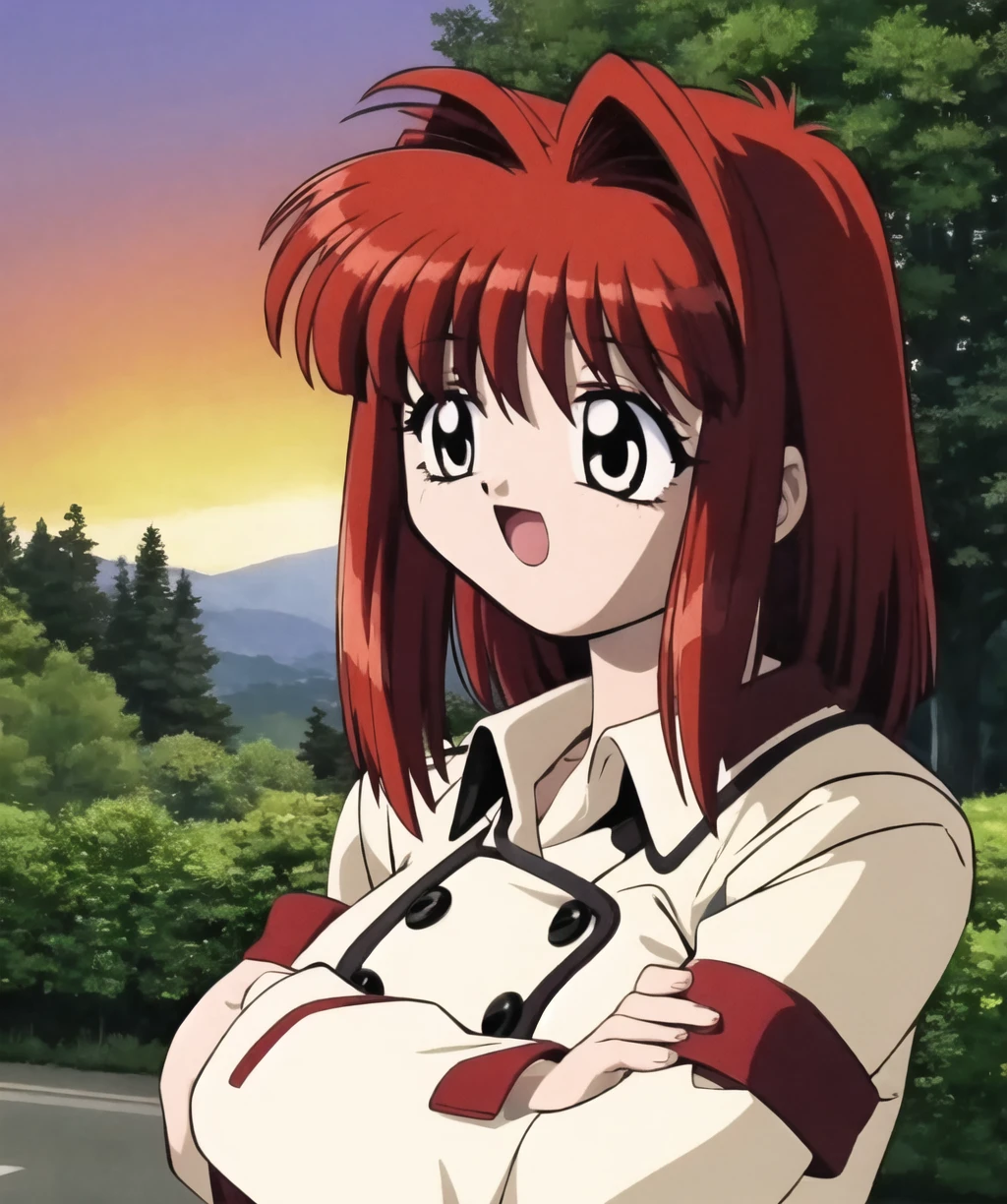 1gril,solo,short hair,smile,open mouth,long sleeves,very long hair,red hair,upper body,outdoors,tree,buttons,hair intakes,sunset,crossed arms,<lora:kanon_2002-04:1>,