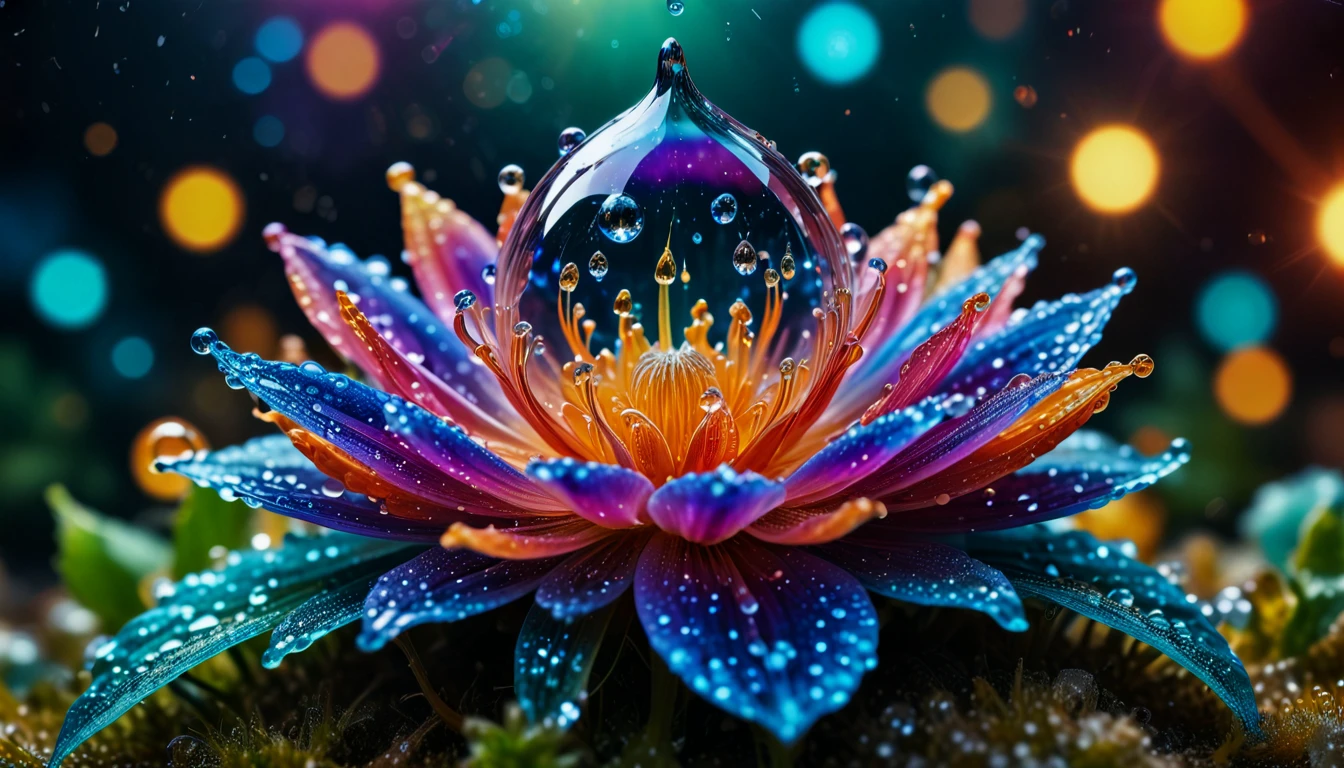 macro photo, sparkling magical fantasy glass flower dewdrop, very detailed, amazing quality, intricate, cinematic light, highly detail, beautiful, surreal, dramatic, galaxy fantasy colors, <lora:SDXLFaeTastic2400:0.5>