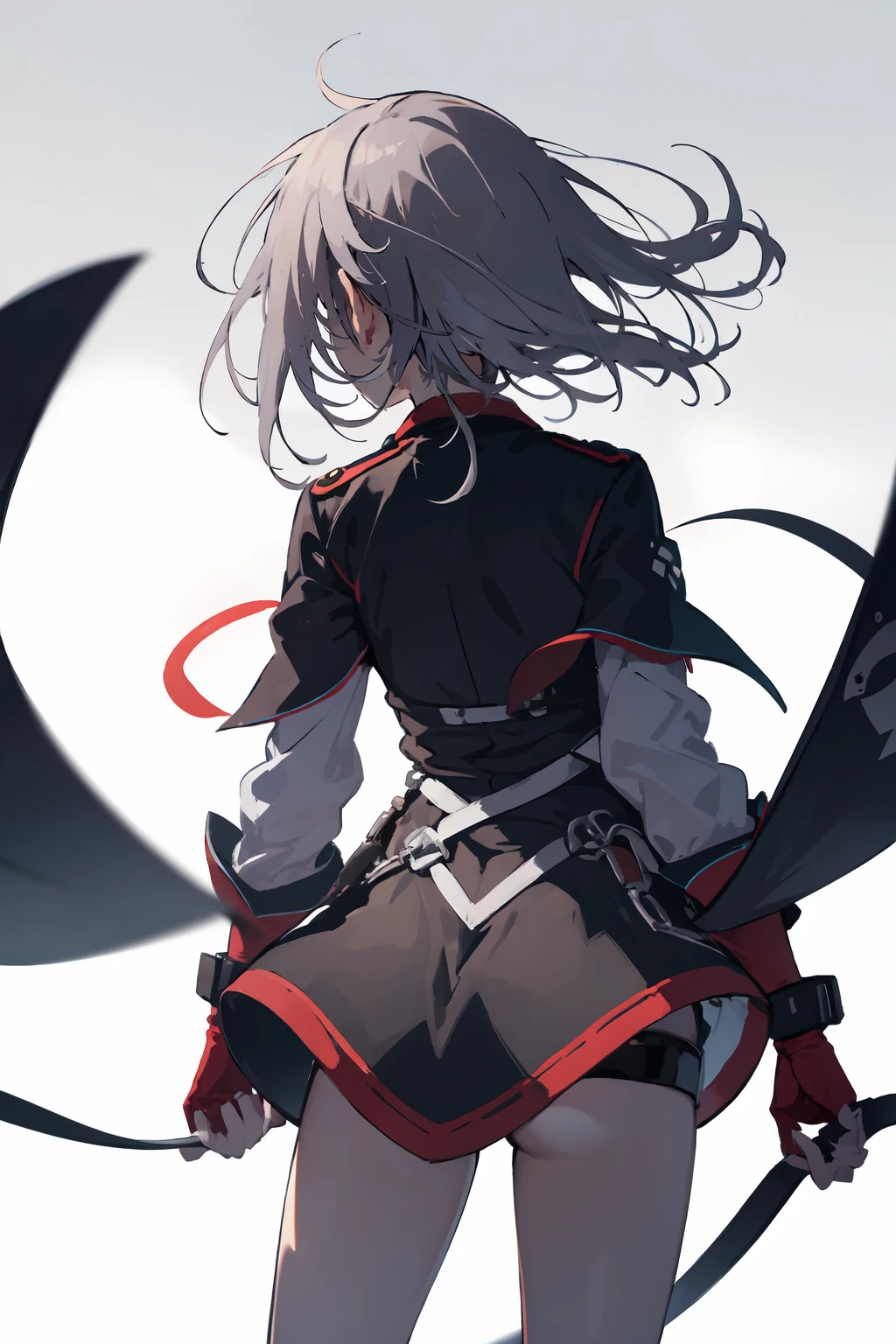 masterpiece,high quality,highres,1girl,solo,cowboy shot,tailwind,(red eyes , grey hair ),medium hair ,from behind ,white background ,,,<lora:wind-tailwind-v1-wasabiya:1>,