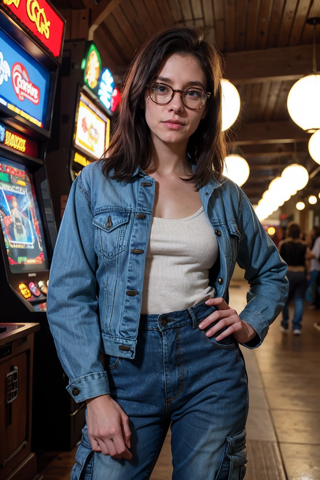 <lora:nerd:1>nerd,a woman wearing denim jacket and cargo pants, , indoors, arcade, forest, (candlelight:0.5)