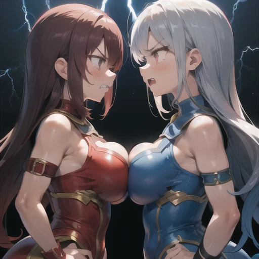 Two beautiful young battle slaves are killing each other with their fists in an ancient Roman coliseum. She is covered in blood. Covered in scars. Covered in sweat. Short of breath. Muscular. Thinly clad. Erect nipples. Bandages on her knuckles.