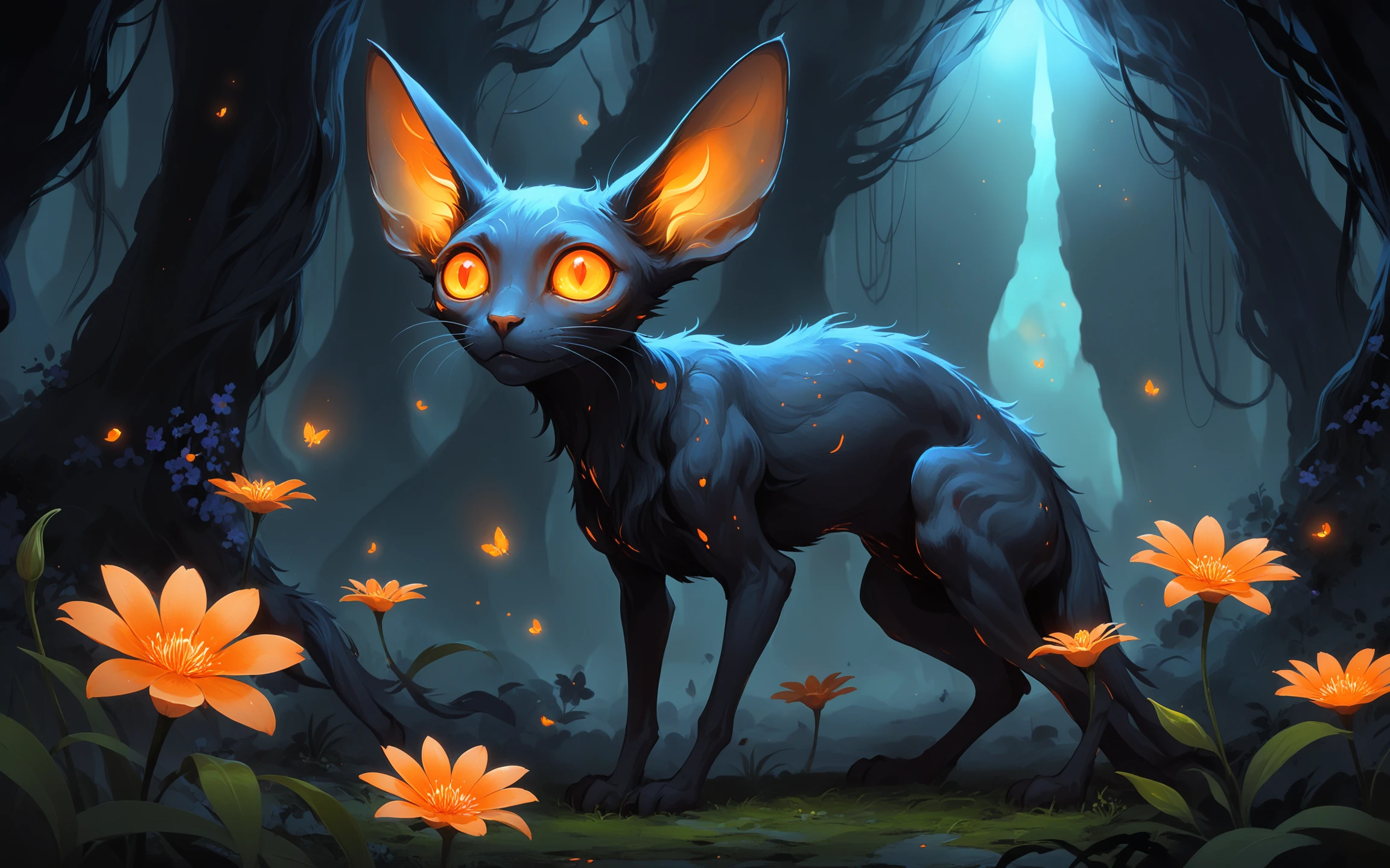 The concept in the image portrays a mystical creature with large, luminescent, orange eyes and elongated ears that seem to be glowing. The creature is surrounded by an ethereal atmosphere with floating elements, and there are small orange flowers interspersed around it. The backdrop is a dark, swirling, and magical environment, emphasizing the otherworldly and enchanting nature of the creature.
The image is compositionally balanced with the creature centered and slightly tilted to the viewer's left. The glowing eyes are a strong focal point, drawing attention immediately. The surrounding dark environment creates a contrast, making the creature and its glowing elements stand out more prominently. The small orange flowers scattered around the creature add an additional layer of depth and interest to the image.
The image has a fantasy-inspired artistic style, characterized by its surreal and ethereal elements. The color palette is rich and moody, dominated by dark blues, blacks, and contrasting bright orange, creating a sense of mystique and wonder. The creature is depicted with exaggerated features, such as large ears and glowing eyes, which add to its otherworldly appearance.
The atmosphere of the image is mysterious, magical, and somewhat eerie. The dark, swirling background and floating elements create a sense of otherworldliness. The glowing eyes and luminescent ears of the creature add a touch of warmth and intrigue. Overall, the emotion conveyed is one of wonder and curiosity, drawing the viewer into the enchanting world of the image.