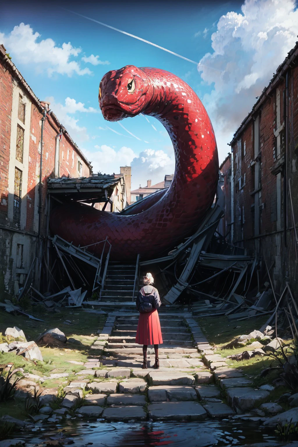 CONCEPT_Oversized_Animal_ownwaifu, iant snake, 1girl, outdoors, cloud, standing, sky, from behind, day, oversized animal, ((masterpiece)),((best quality)),(highres), bokeh, depth_of_field, sunlight, scenery, ruins, waterfall, looking at viewer, solo,
