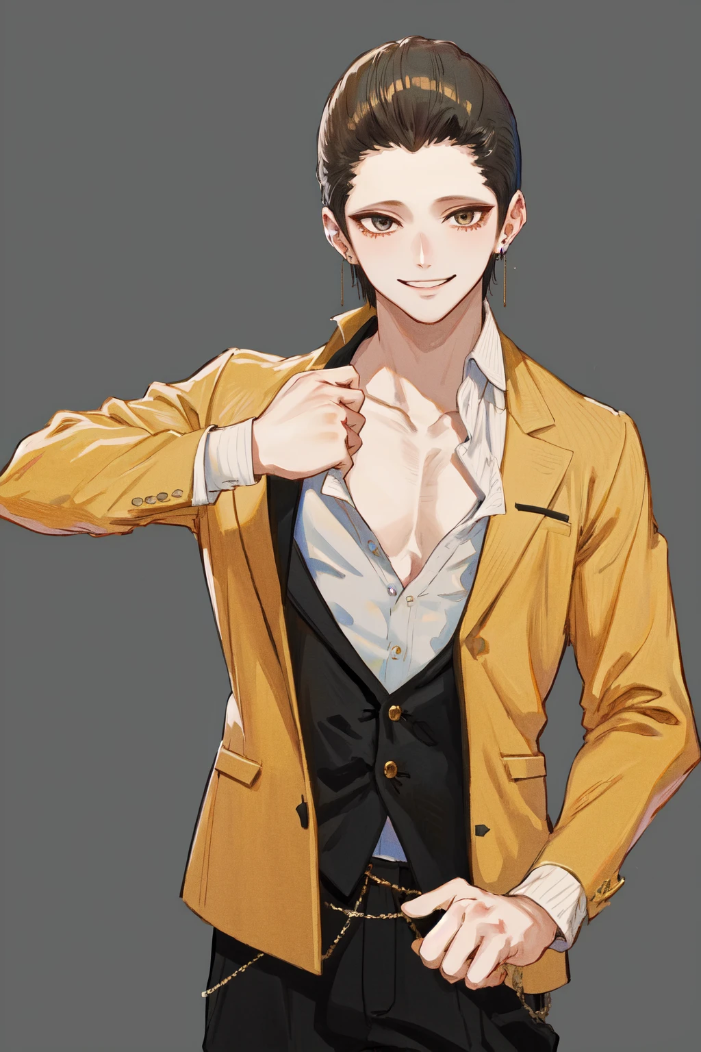 masterpiece, best quality, highres, 1boy earrings, simple background, partially unbuttoned, smile
 <lora:giorno_giovanna_jojo_pose_d32_pruned:1> <lora:ashaf_no_outfit:1>