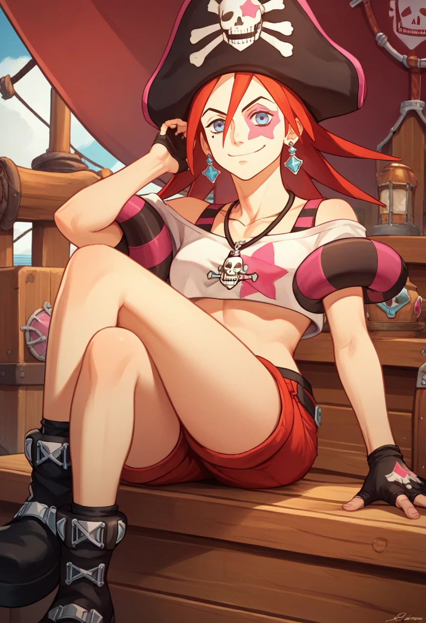 (masterpiece, best quality:1.2), solo, 1girl, sasha buckler, grin, looking at viewer, sitting, crossed legs, pirate hat, skull and crossbones, blue eyes, crop top, shorts, single thighhigh, striped, black footwear, fingerless gloves, jewelry, earrings <lora:aa_sashabuckler:1.0>