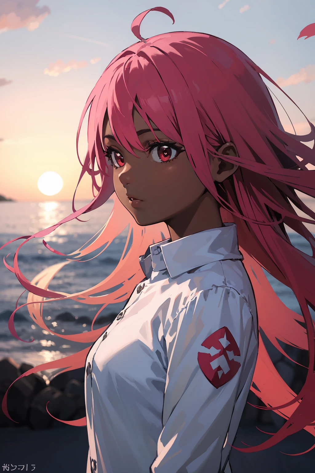 masterpiece,high quality,highres,1girl,solo,outdoors,<lora:wind-headwind-v1-wasabiya:1>,headwind,from side ,dark skin, dark-skinned female ,(red eyes , pink hair ),long hair,sunrise ,