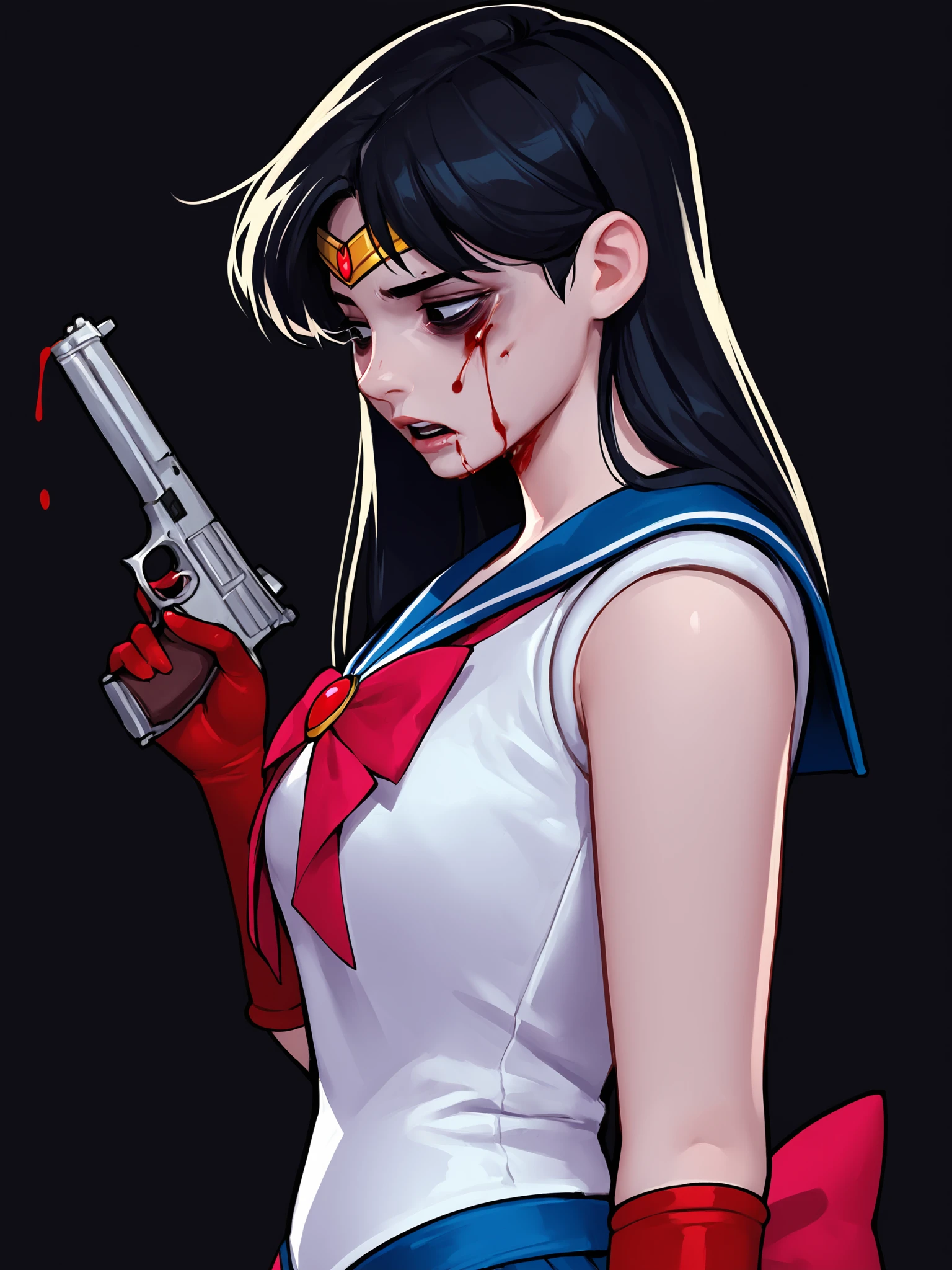 score_9, score_8_up, score_7_up, score_6_up, score_5_up, score_4_up, rating_safe
BREAK
sailor mars, circlet, black hair, black eyes, looking away, tired, half-closed eyes, bags under eyes, sigh, open mouth, looking down, blood on face, blood splatter,
BREAK
solo, portrait, magical girl, red serafuku, from side, (holding gun, handgun:1.2), blood on weapon,
BREAK
black background, <lora:Lunas-ToxxyT-SDXL-A1:1>