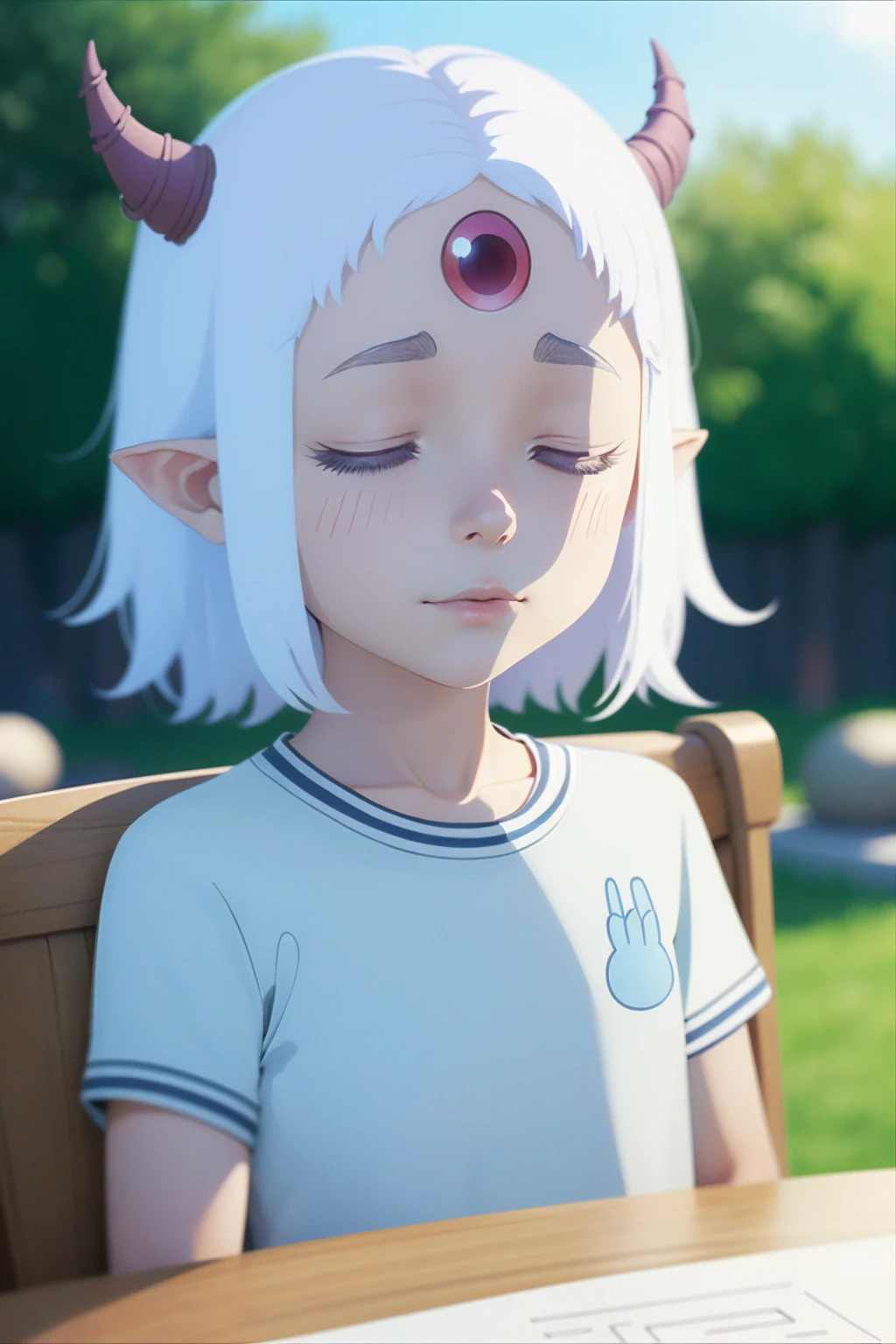 (2d:1.2), wide shot, (dynamic angle:1.1), outline, ((thick lineart)), cover, stylish, official art, (details:1.2), (fantasy), garden, (bloom:1.1), glow:0.2, shadow, nature, cherry blossoms, particles, (depth of field), sharp focus, (volumetric lighting), (bokeh:0.6), film grain:0.4, (soft lighting:1.1), mmaom, short hair, white hair, horns, pointy ears, red eyes, extra eyes, colored sclera, third eye, dress, shirt, white shirt, looking at viewer, sleeping, <lora:Himesama_Goumon_MaoMao_00_01:1.0>