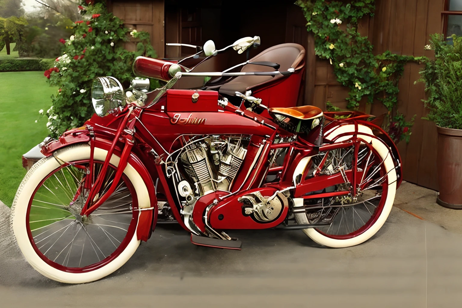 Photo of 1914indian motorcycle  parked in front of a garage for a Tudor Revival mansion <lora:1914_Indian_with_Sidecar:1>