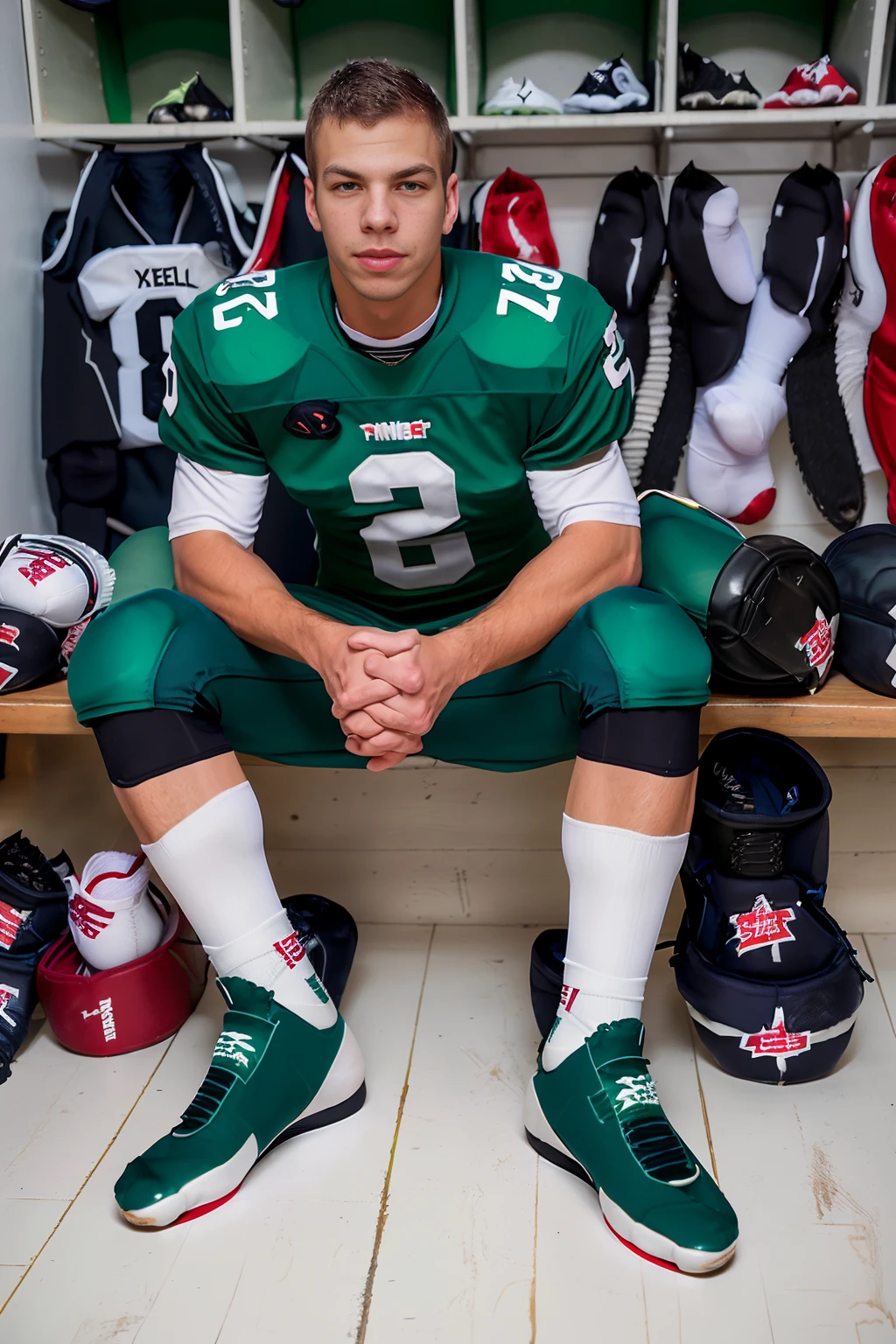 in a locker room, sitting on a bench, slight smile, PaulWalker, wearing American football uniform, (American football shoulder pads), (green jersey:1.5), jersey number 92, (green football pants and pads:1.3), (white socks:1.4), (black sneakers:1.4), (((full body portrait))), wide angle  <lora:PaulWalker:0.8>