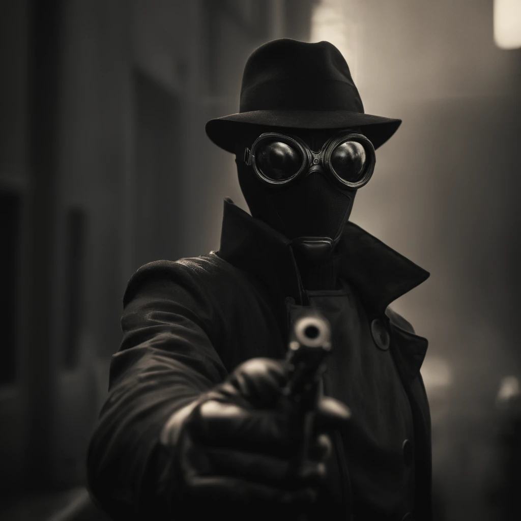 cinematic film still of  <lora:Spider-Man Noir:1>
Spider-Man Noir a man in a gas mask holding a gun in Marvel Noir universe,solo,gloves,1boy,holding,weapon,male focus,holding weapon,gun,mask,goggles,holding gun,handgun,gas mask , dark theme, cinematic noir, dramatic Light, shallow depth of field, vignette, highly detailed, high budget, bokeh, cinemascope, moody, epic, gorgeous, film grain, grainy