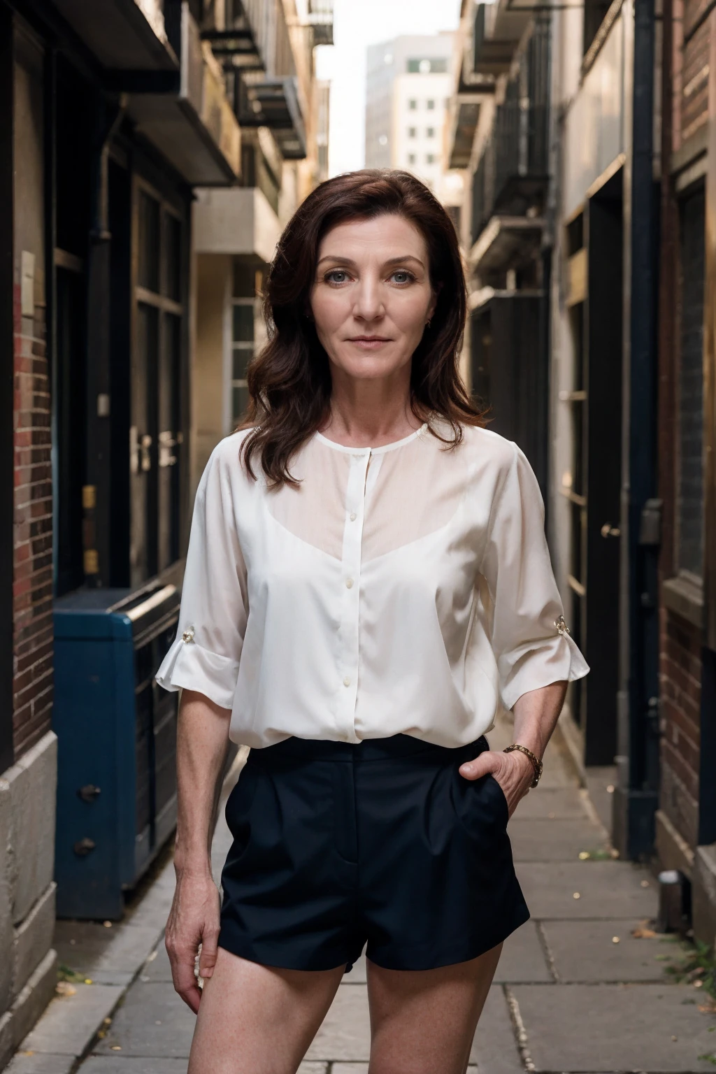 michellefairley,a mature woman wearing sheer blouse and tailored shorts, urban alleyway, (high key lighting:0.5) <lora:michellefairley:0.7>
