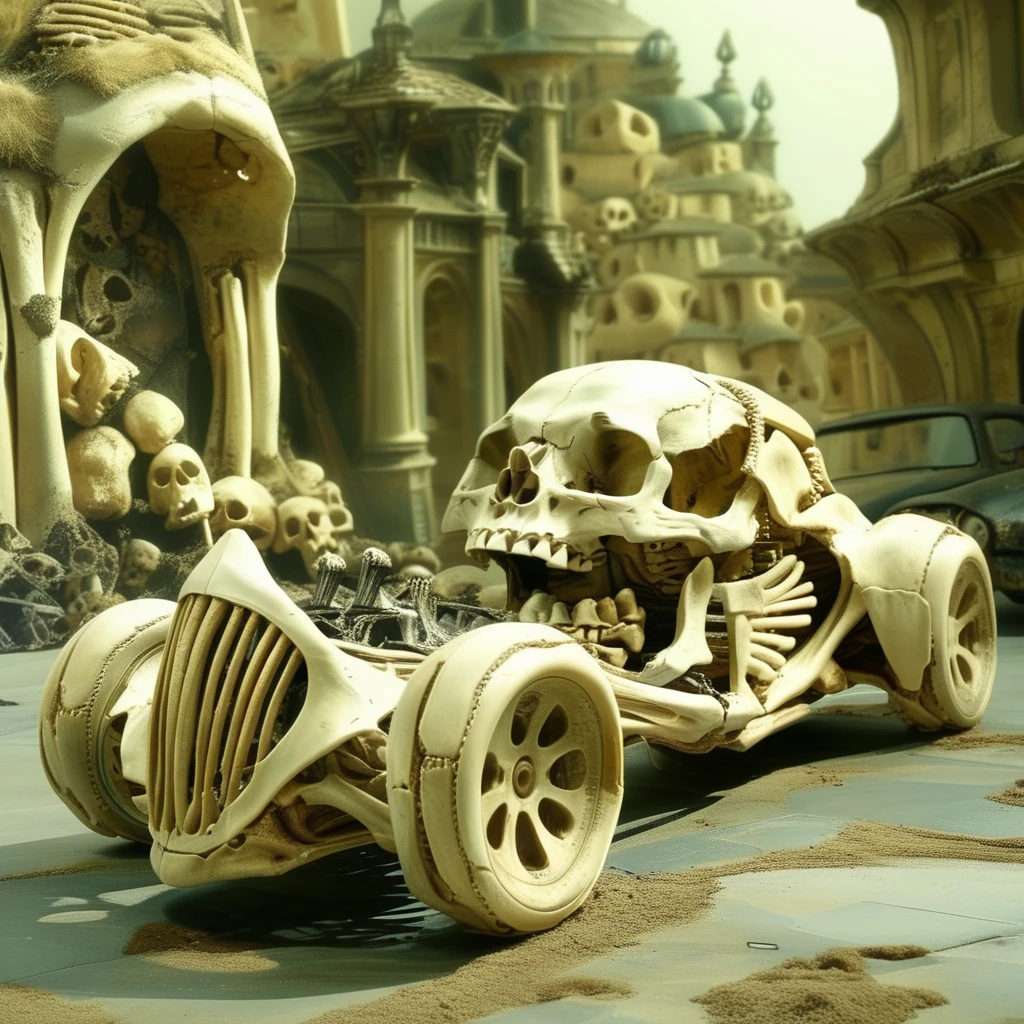 bonex bone car in big bones city <lora:bonex:1>