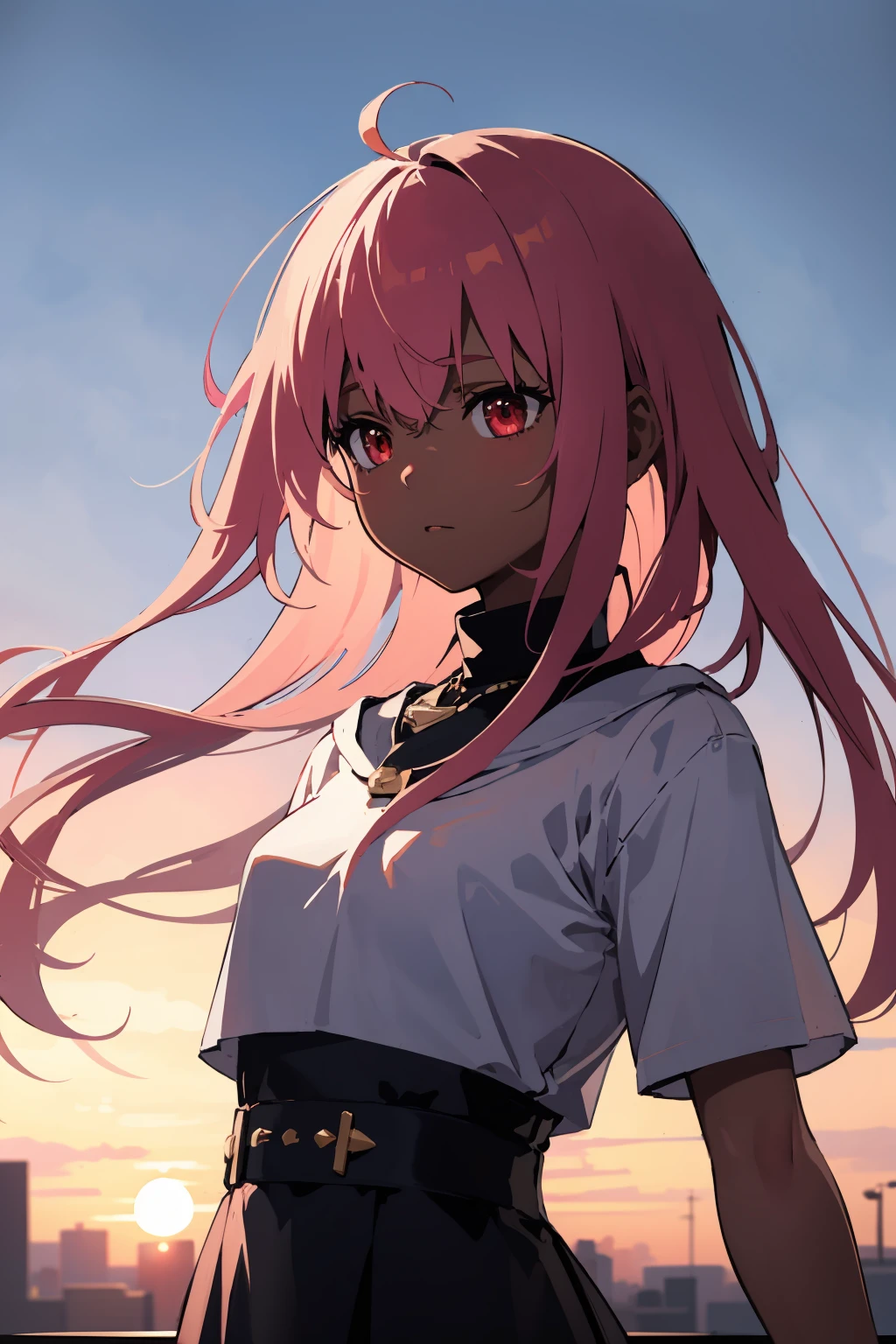 masterpiece,high quality,highres,1girl,solo,<lora:wind-leftside-v1-wasabiya:1>,sidewind,outdoors,,,dark skin, dark-skinned female ,(red eyes , pink hair ),long hair,sunset,