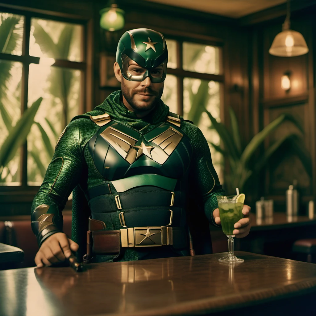 cinematic photo a man dressed as a deep green superhero in a jungle pub, mojito cocktail, holds a smoking cigar <lora:SoldierBoy1024:0.8> . 35mm photograph, film, bokeh, professional, 4k, highly detailed