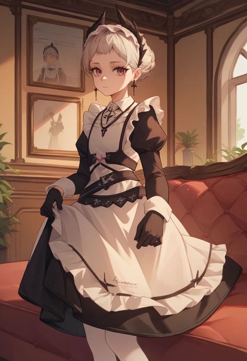 score_9, score_8_up, score_7_up, source_anime, rating_safe, solo, 1girl, irenevoy, expressionless, looking at viewer, dress lift, head wings, maid, black dress, apron, long sleeves, puffy sleeves, black gloves, white pantyhose, indoors <lora:arknights_irene_ponyXL:1>