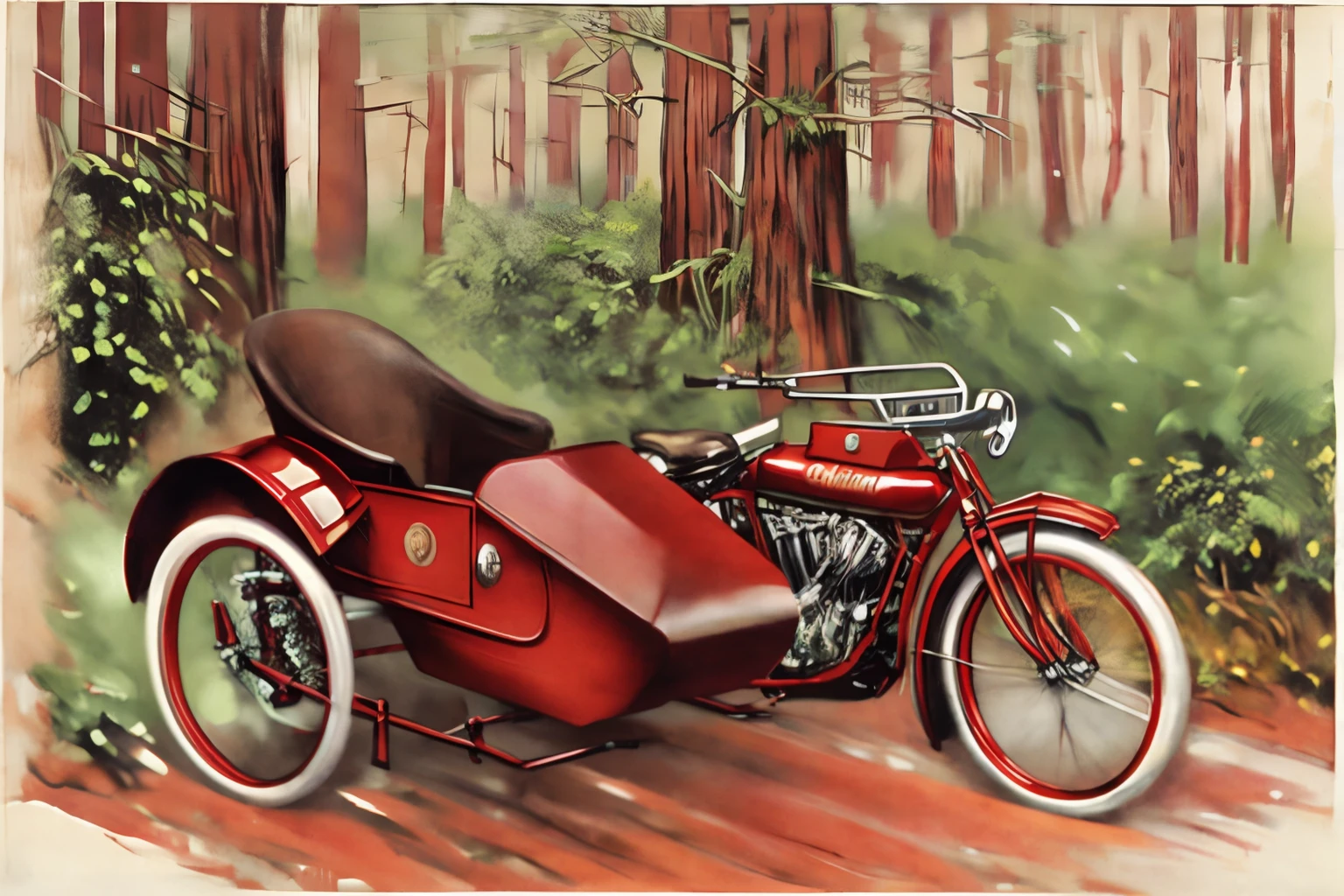 Illustration of 1914indian motorcycle  parked in a redwood forest <lora:1914_Indian_with_Sidecar:1>