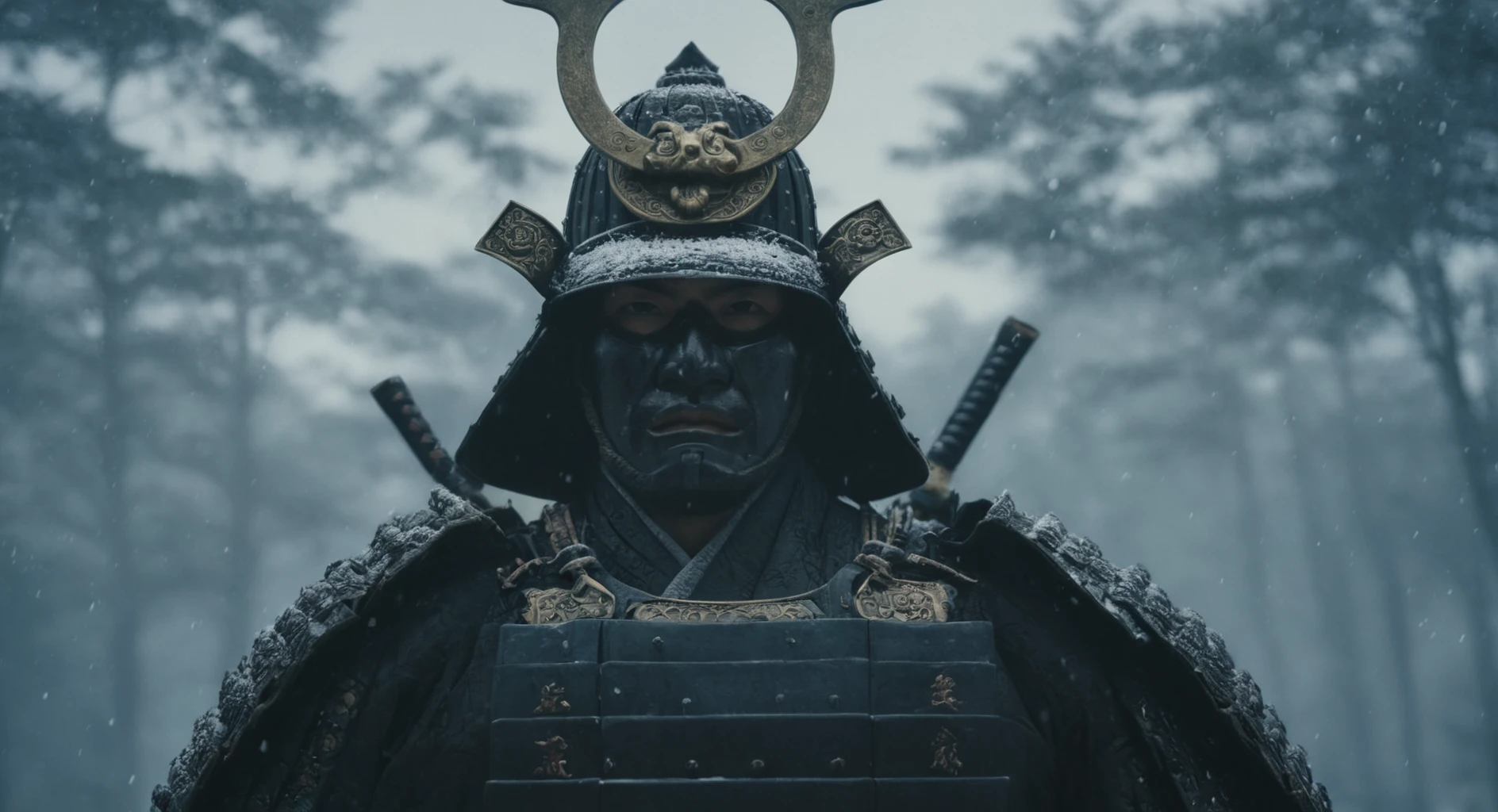 cinematic film still of  <lora:shogun style:0.6>
Shogun a man in a samurai costume with a helmet on,looking at viewer,upper body,male focus,multiple boys,solo focus,armor,blurry,mask,depth of field,3boys,helmet,shoulder armor,snowing,realistic,japanese armor,samurai,kabuto (helmet) , Japanese culture, Samurai, armor, warrior, horror theme, Shogun style, shallow depth of field, vignette, highly detailed, high budget, bokeh, cinemascope, moody, epic, gorgeous, film grain, grainy