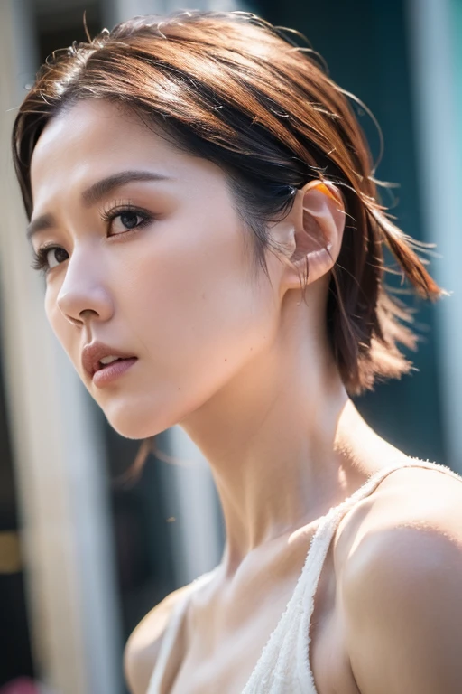 Best quality,masterpiece,ultra high res,(photorealistic:1.2),1girl,low key,slim body,undone hair,taipei street alley,dynamic pose,face closeup,<lora:ivy_shao:0.9>,streaked hair,brown hair,short hair,